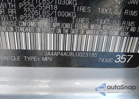 2020 Mitsubishi Outlander Sport 2.0 Se z USA, uszkodzony, nr VIN JA4AP4AU8LU023185